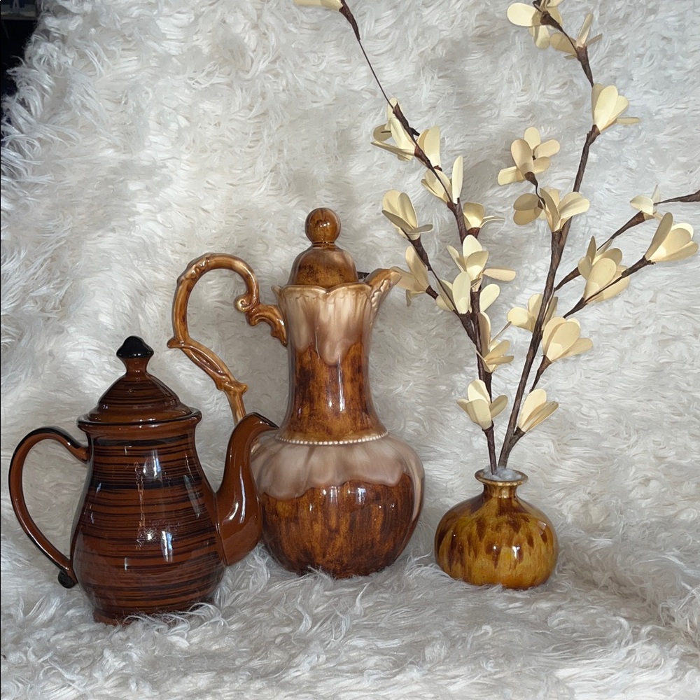 Vintage,Antique Brown Ceramic Teapot and Pitcher Set